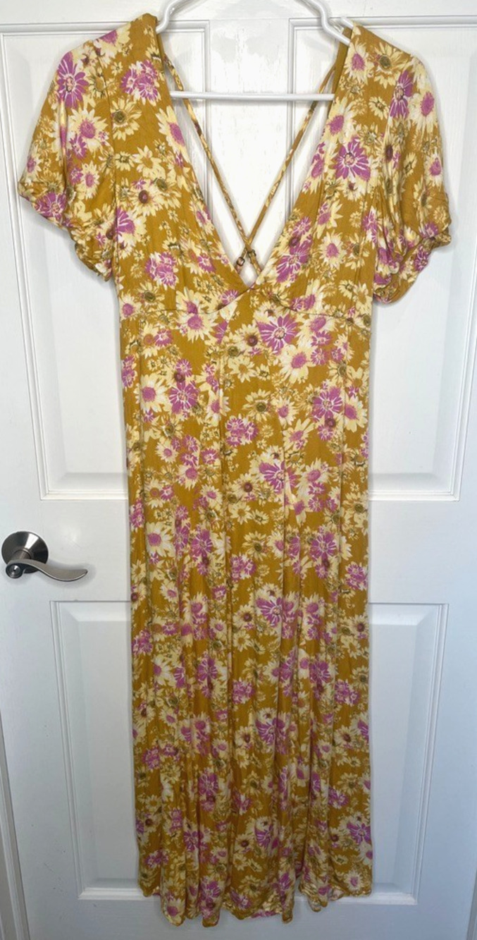 Rewind Women's Cross-Back Floral Maxi Dress Sz M Smocked Prairie Boho Cowgirl